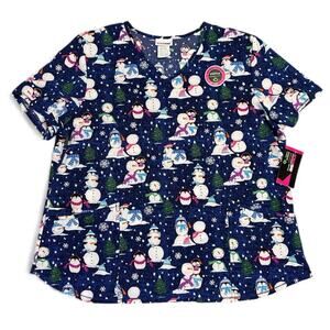 Scrubstar Womens Indigo Penguins & Snowmen Holiday Stretch Top Whimsical 2XL